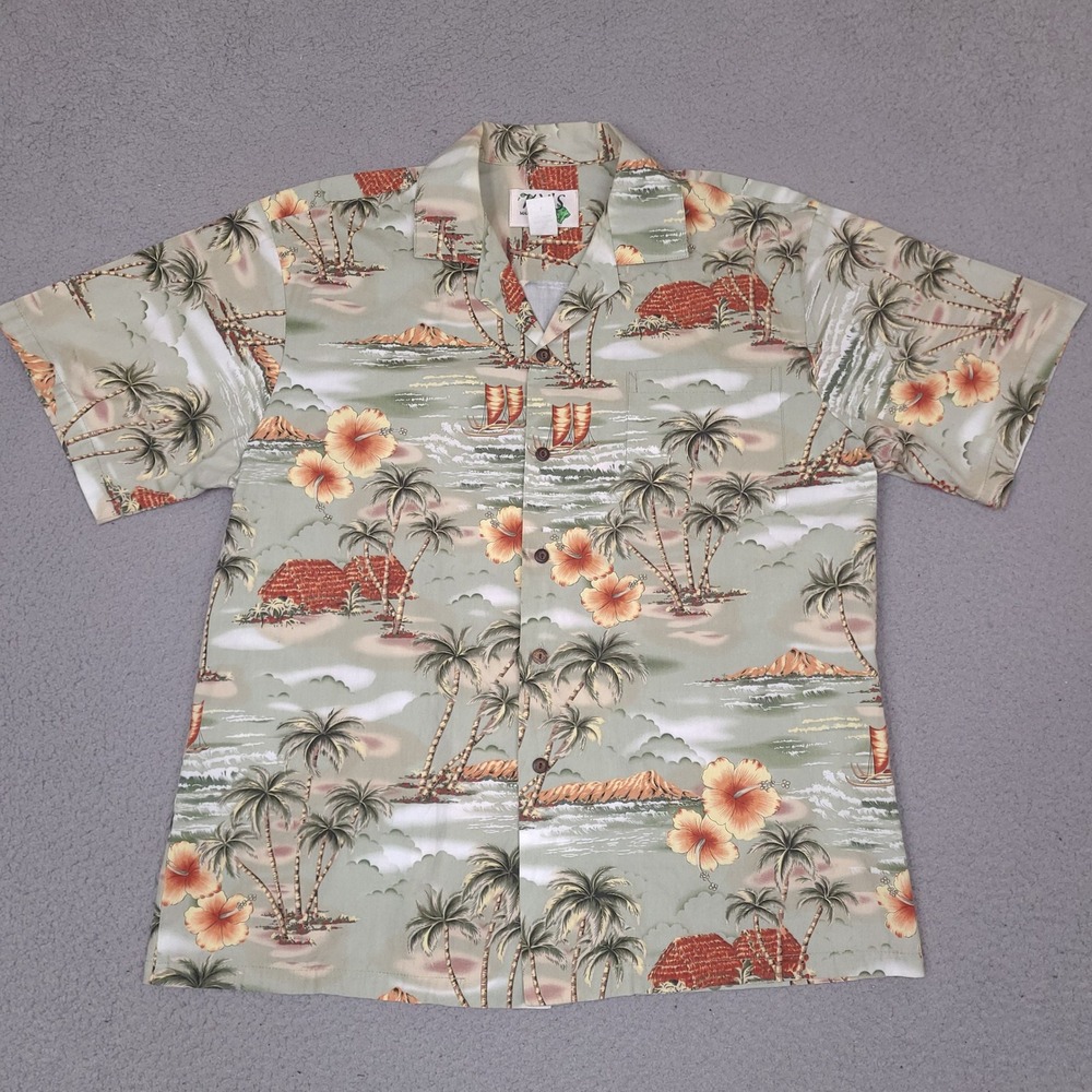 KY'S Hawaiian Shirt Mens Large Green Island Palm Tree Made In USA‎ Camp Vintage